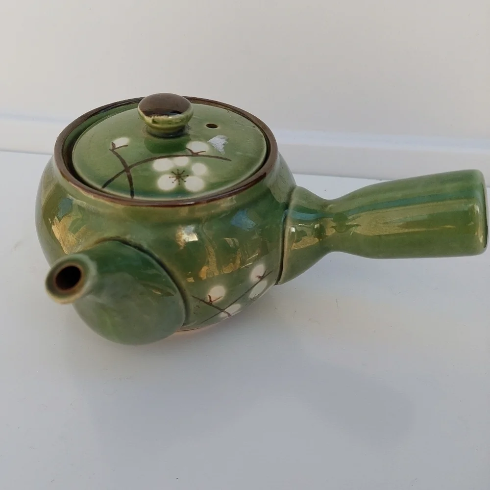Miso Pottery Asian Japan Green with White Cherry Blossoms Side Spout Tea Pot - Picture 2 of 11